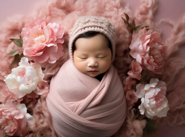花を持つ生まれたばかりの赤ちゃんの肖像画