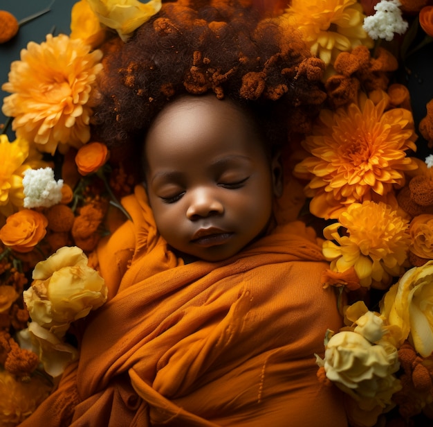 Portrait of newborn baby with flowers