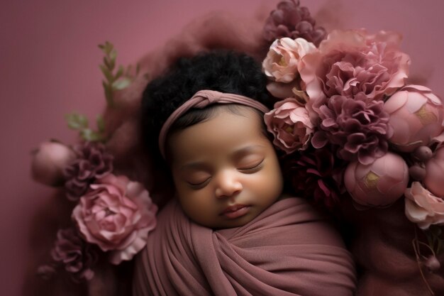 Portrait of newborn baby with flowers
