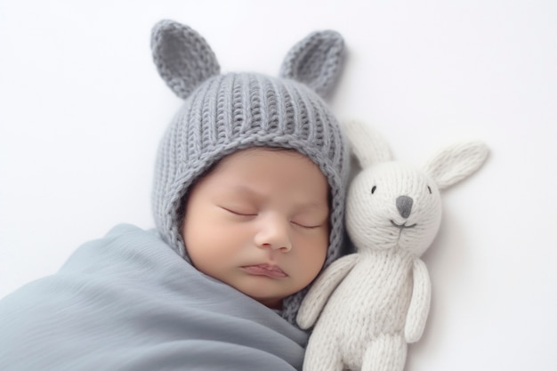 Free photo portrait of newborn baby with plush animal