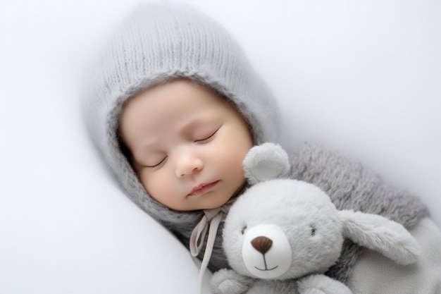 Portrait of newborn baby with plush animal