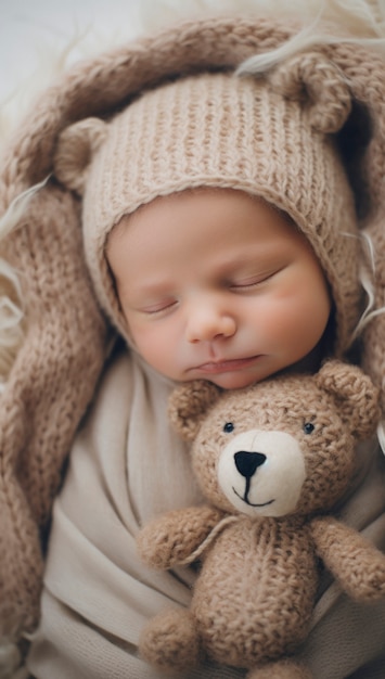 Portrait of newborn baby with plush animal