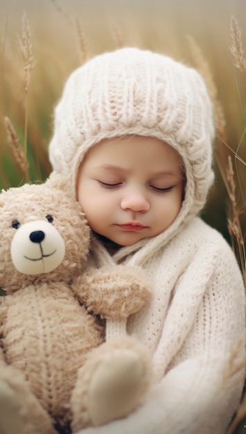 portrait of newborn baby with plush animal
