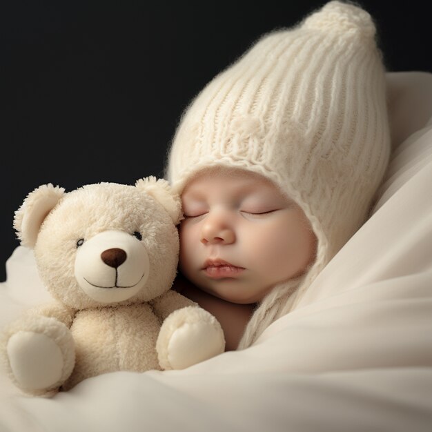 Portrait of newborn baby with plushy toy