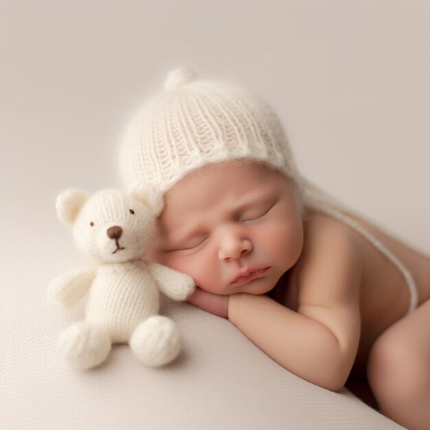 Portrait of newborn baby with plushy toy