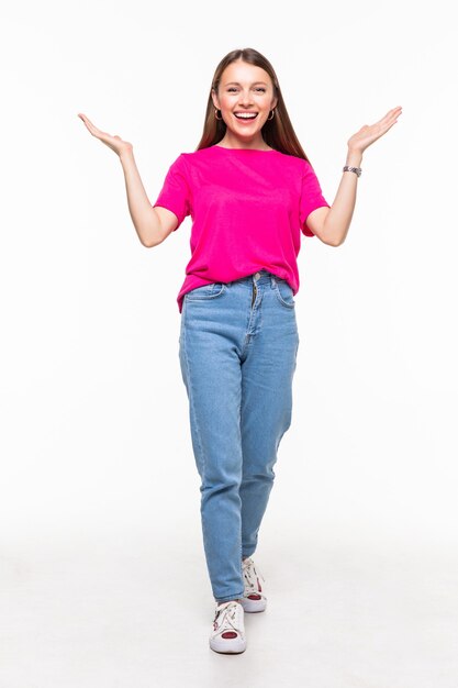 Portrait of nice woman having fun raising hands up isolated