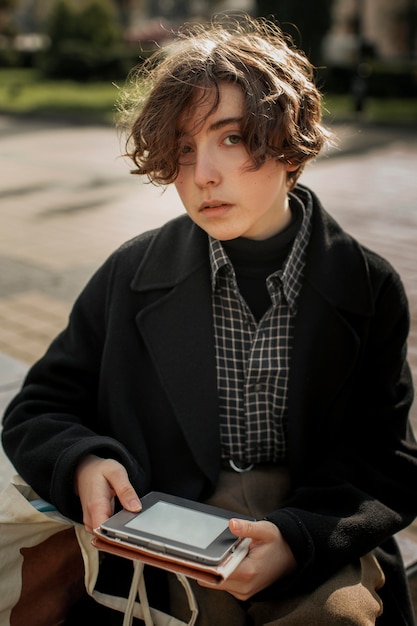Portrait of non binary person holding a tablet