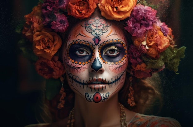 Бесплатное фото Портрет женщины с макияжем из сахарного черепа на темном фоне костюм на хэллоуин и макияж портрет