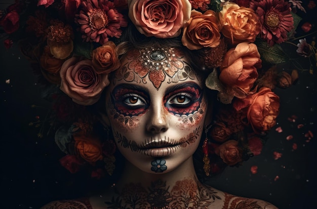 Бесплатное фото Портрет женщины с макияжем из сахарного черепа на темном фоне костюм на хэллоуин и макияж портрет