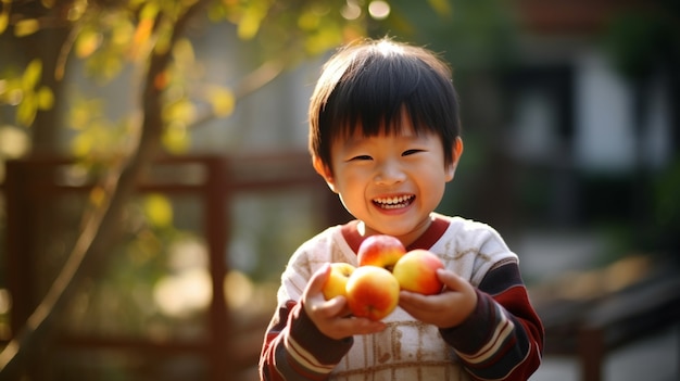 無料写真 アプリコットを持った男の子の肖像画