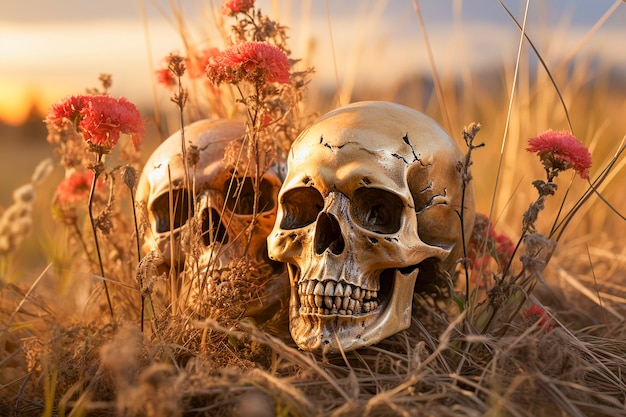 무료 사진 식물과 인간 해골 두개골의 초상화