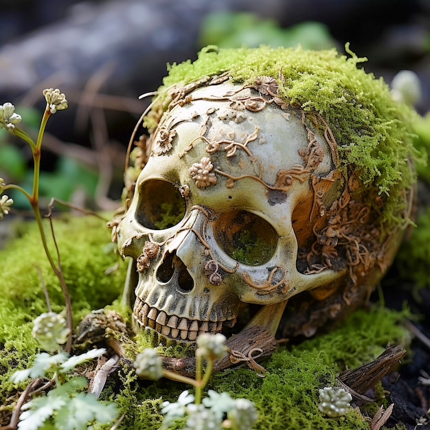 무료 사진 식물과 인간 해골 두개골의 초상화