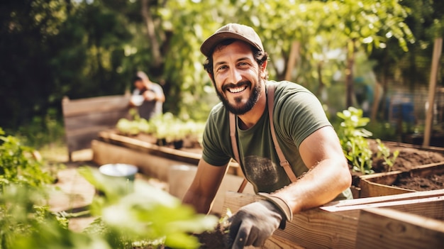 Бесплатное фото Портрет мужчины, улыбающегося в саду