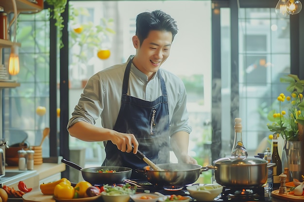 무료 사진 portrait of modern man cleaning and doing household chores