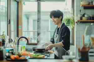 무료 사진 portrait of modern man cleaning and doing household chores