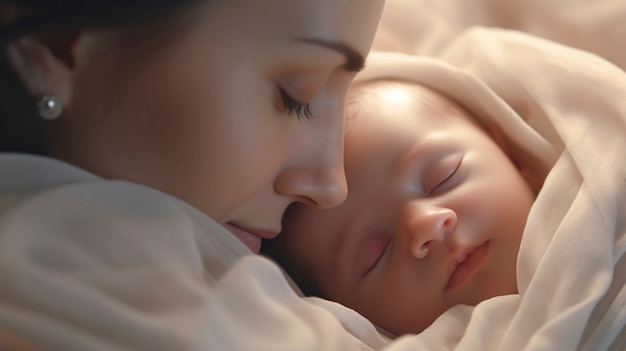 無料写真 生まれたばかりの赤ちゃんと一緒に母親の肖像画