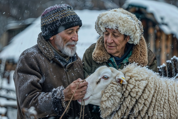 Бесплатное фото portrait of people in charge of a sheep farm