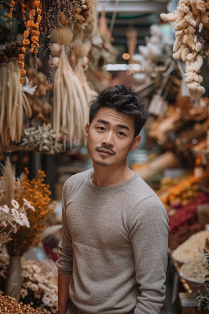 Бесплатное фото Портрет человека, работающего в магазине сушеных цветов