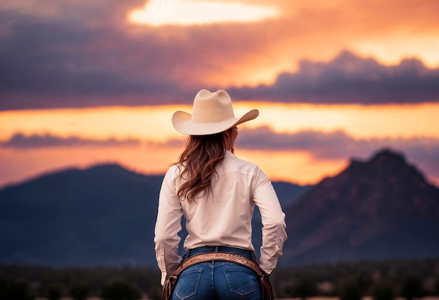 무료 사진 portrait of photorealistic female cowboy at sunset