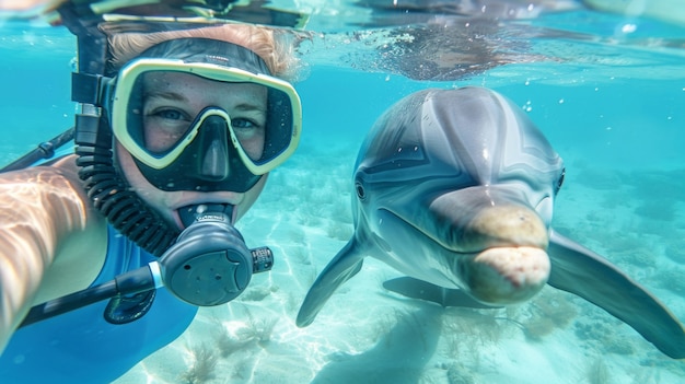 Бесплатное фото Портрет дайвера в морской воде с морской жизнью