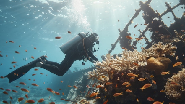 無料写真 海洋生物と一緒に海水でスキューバダイバーの肖像画