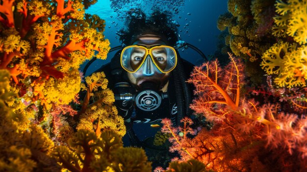 無料写真 海洋生物と一緒に海水でスキューバダイバーの肖像画