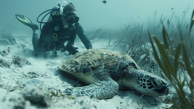 Бесплатное фото Портрет дайвера в морской воде с морской жизнью