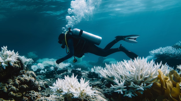 무료 사진 portrait of scuba diver in the sea water with marine life