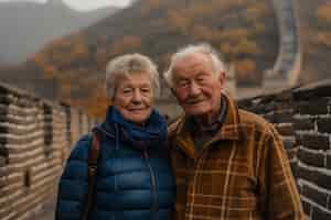 Бесплатное фото Портрет пожилой пары, посещающей великую китайскую стену