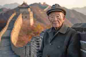 Бесплатное фото Портрет пожилого туриста, посещающего великую китайскую стену