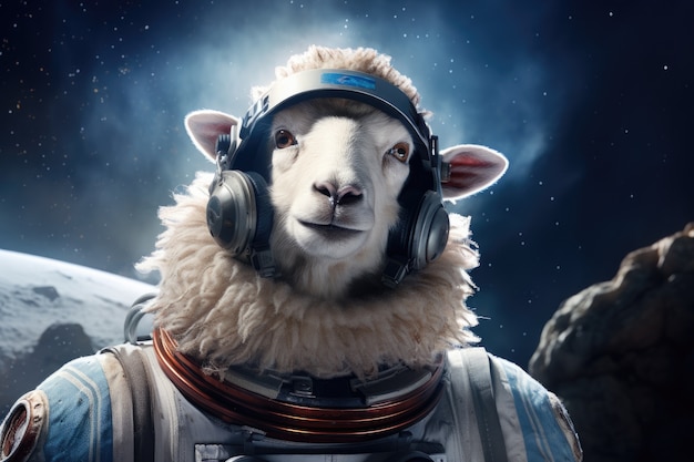Бесплатное фото Портрет овцы в качестве астронавта