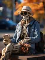 Бесплатное фото Портрет скелета, сидящего на скамейке