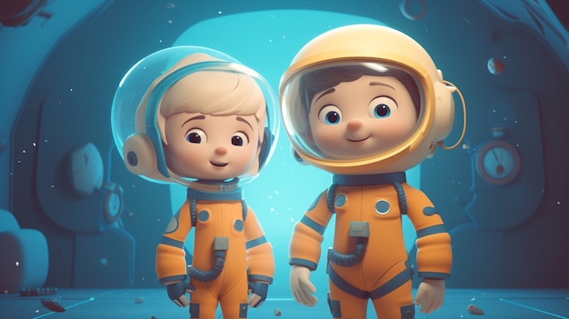 무료 사진 우주복 을 입은 두 명의 어린이 우주 비행사 의 초상화