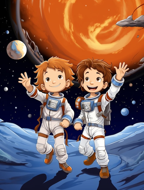 Бесплатное фото Портрет двух детей-астронавтов в космических костюмах