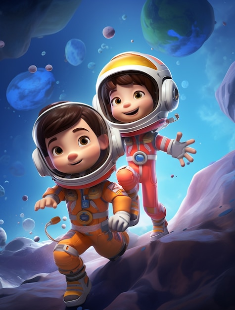 Бесплатное фото Портрет двух детей-астронавтов в космических костюмах