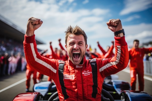 Бесплатное фото Портрет победоносного пилота гоночного автомобиля