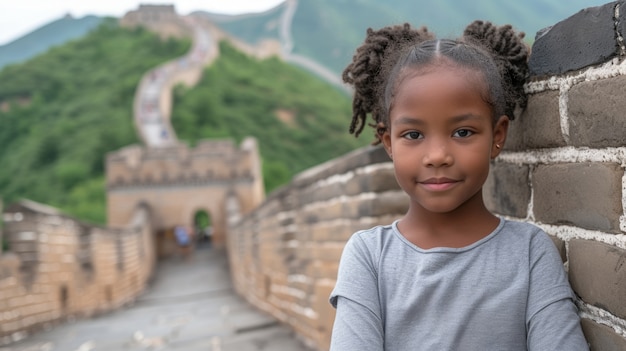 Бесплатное фото Портрет маленького детского туриста, посещающего великую китайскую стену
