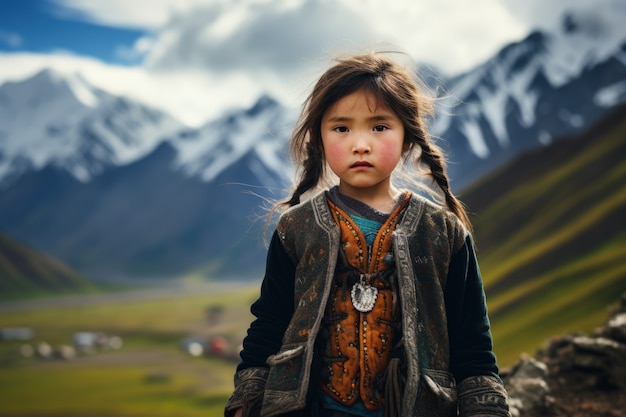 무료 사진 전통적인 아시아 의상을 입은 어린 소녀의 초상화