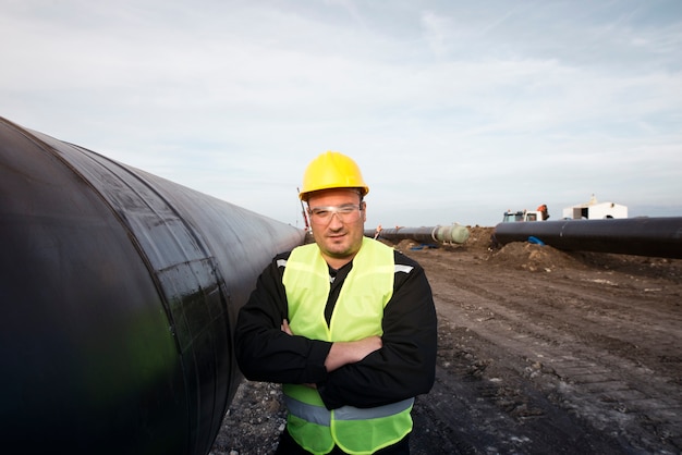 Free photo portrait of an oilfield worker standing by gas pipe at construction site