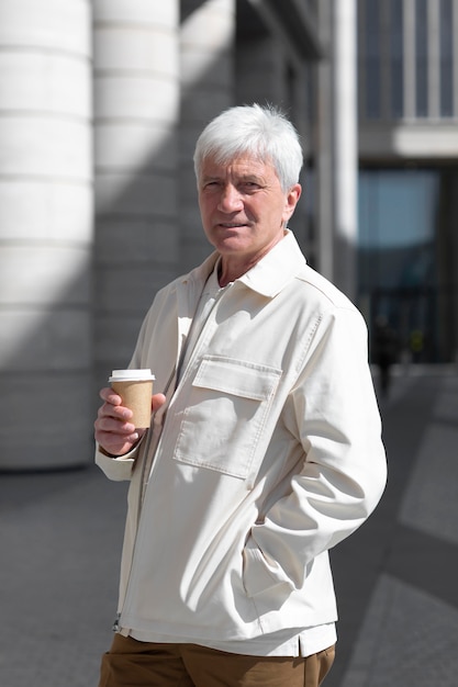 Ritratto di uomo più anziano all'aperto in città tenendo la tazza di caffè