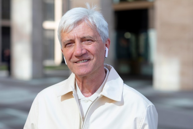 Portrait of older man outdoors in the city with earbuds