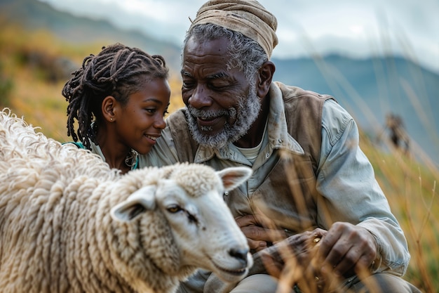 Free photo portrait of people in charge of a sheep farm