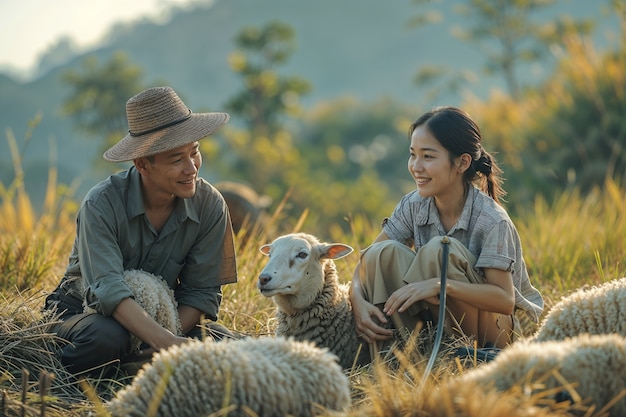 Free photo portrait of people in charge of a sheep farm