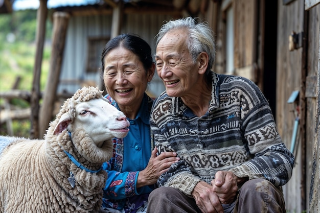 Free photo portrait of people in charge of a sheep farm