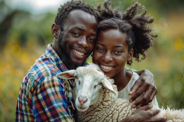 Foto gratuita ritratto di persone incaricate di un allevamento di pecore