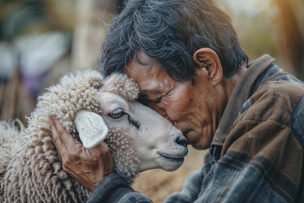 Foto gratuita ritratto di persone incaricate di un allevamento di pecore