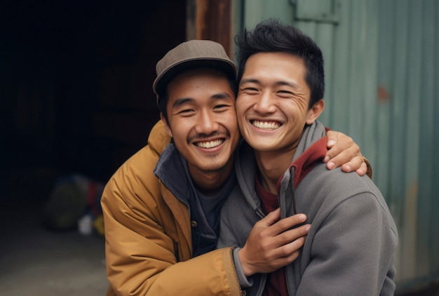 Portrait of people hugging each other in honor of hugging day celebration