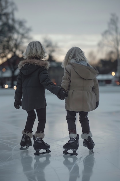 Free photo portrait of people ice skating outdoors during winter time
