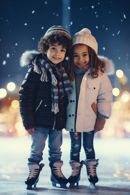 Free photo portrait of people ice skating outdoors during winter time