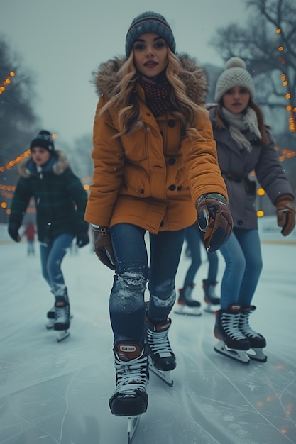 Портрет людей, катающихся на коньках на открытом воздухе в зимнее время